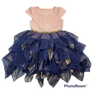 NWOT Beautiful blue and gold handkerchief dress size 5